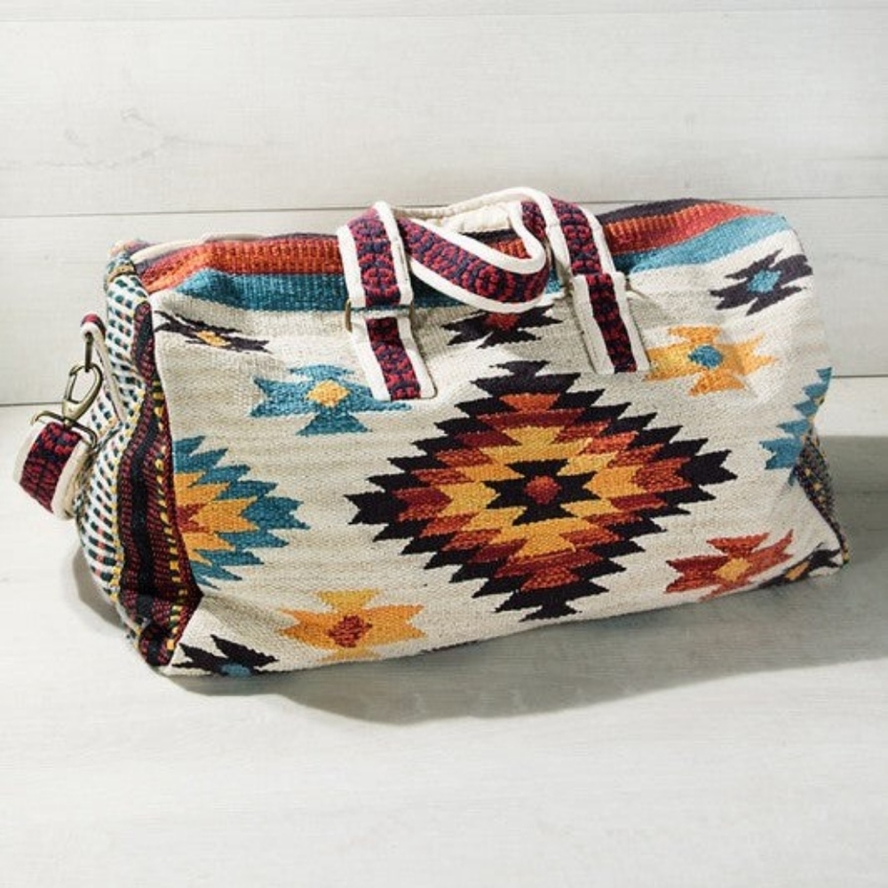 Ivory Boho Chic Travel Bag - Navajo Inspired Design - Handmade Fully Fine Cotton - Picture 4 of 13